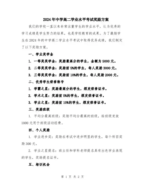 2024年中学高二学业水平考试奖励方案