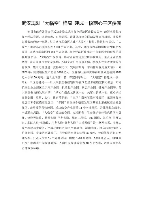 武汉规划“大临空”格局 建成一核两心三区多园