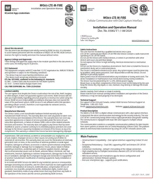 MQ03-LTE-M-FIRE 蜂窝通信器安装和操作手册说明书