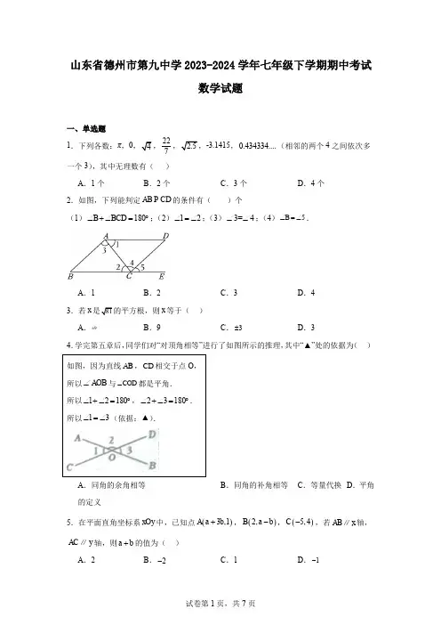 山东省德州市第九中学2023-2024学年七年级下学期期中考试数学试题