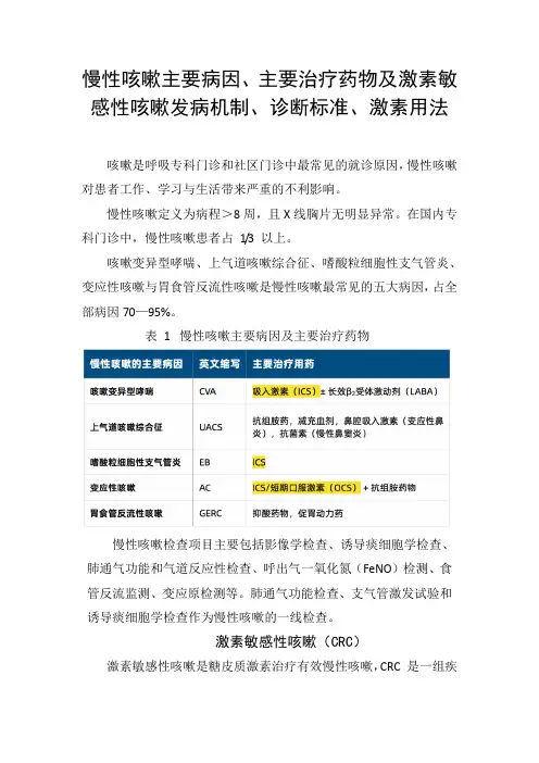 临床慢性咳嗽主要病因、主要治疗药物及激素敏感性咳嗽发病机制、诊断标准、激素用法和启示