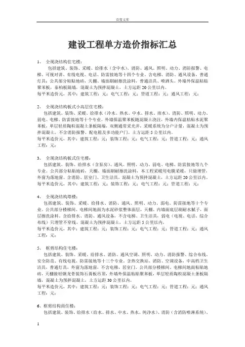 建设工程单方造价指标汇总