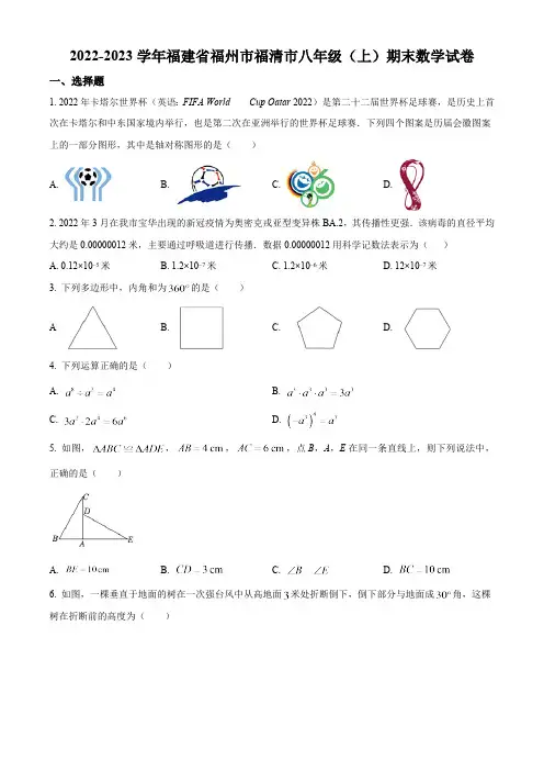 福建省福州市福清市2022-2023学年八年级上学期期末数学试卷(人教版,含答案)
