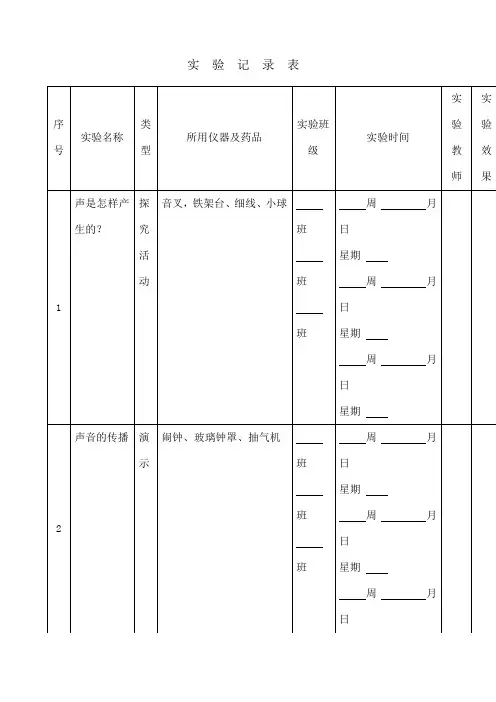 初中物理实验记录表