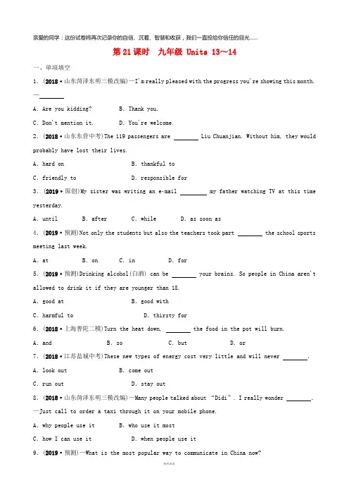 2019年中考英语总复习 第1部分 教材系统复习 第21课时 九全 Units 13-14练习
