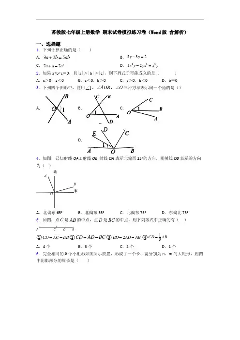 苏教版七年级上册数学 期末试卷模拟练习卷(Word版 含解析)
