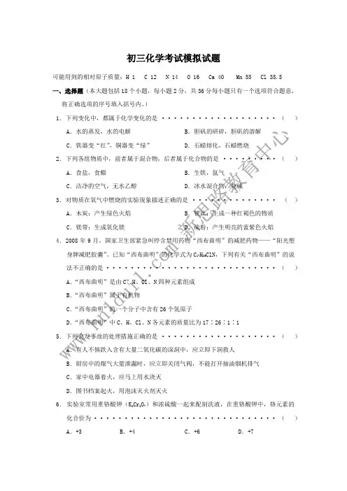 重点初中中考化学模拟试题及答案