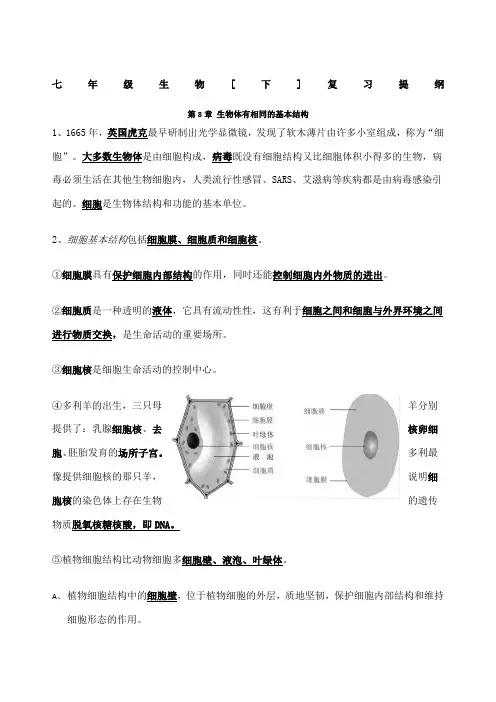 七年级下册苏科新版生物复习提纲