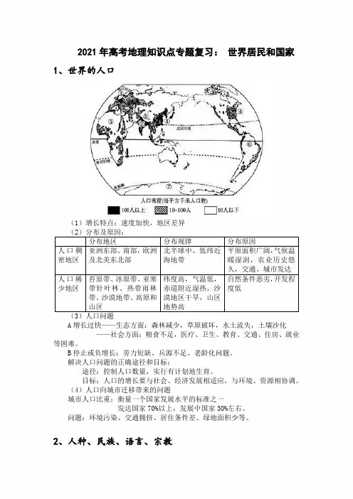 2021年高考地理知识点专题复习：世界居民和国家