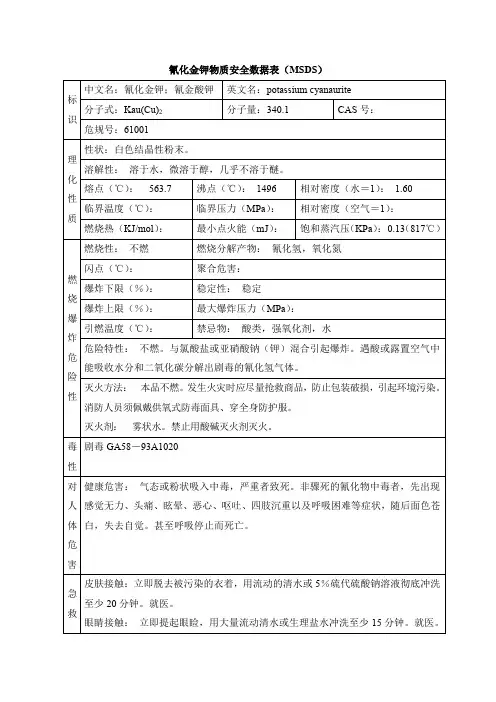 氰化金钾物质安全数据表(MSDS)