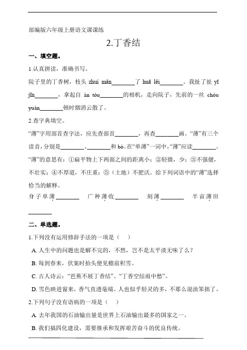 部编版六年级上册语文课课练一课一练   2.丁香结