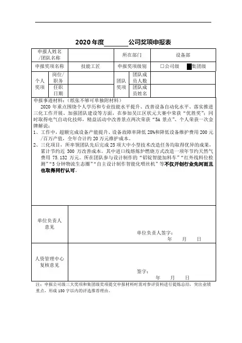 技能工匠-奖项申报表
