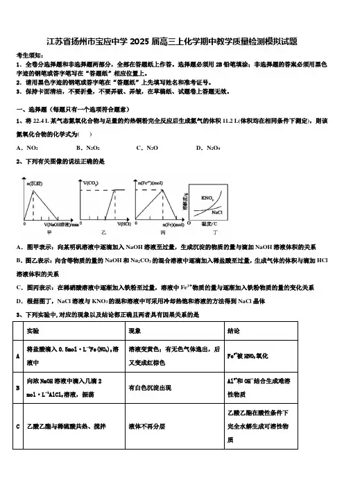 江苏省扬州市宝应中学2025届高三上化学期中教学质量检测模拟试题含解析
