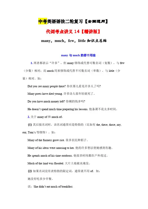 中考英语语法二轮复习：代词考点14+many,much,few,little知识点总结