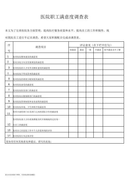医院职工满意度调查表最新