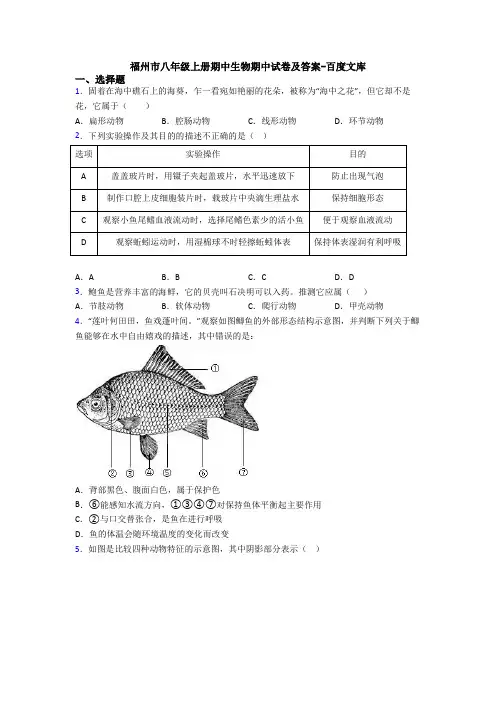 福州市八年级上册期中生物期中试卷及答案-百度文库
