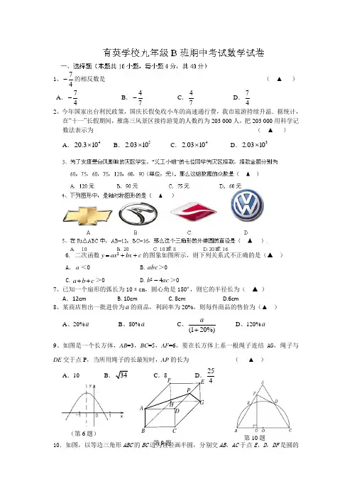 浙江省乐清市育英寄宿学校2015届九年级(实验B班)上学期期中考试数学试题浙教版