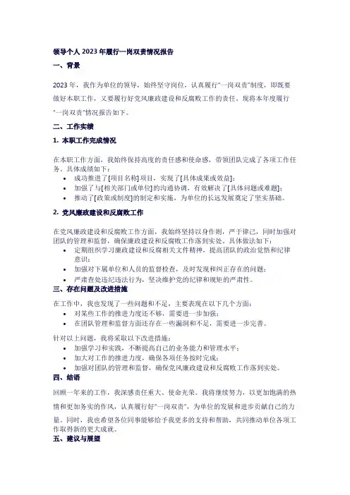 领导个人2023履行一岗双责情况报告
