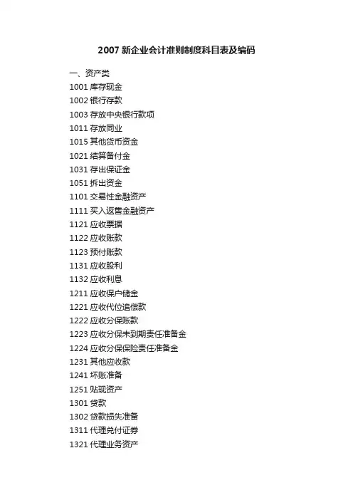 2007新企业会计准则制度科目表及编码