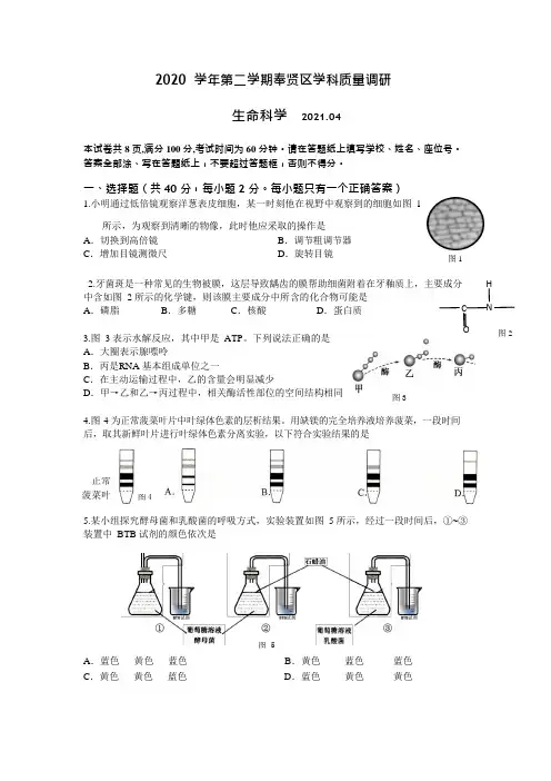 上海市奉贤区2021年高中生物等级考(学科质量调研生命科学)二模卷含答案