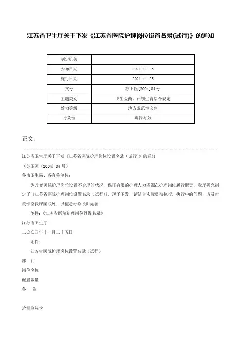 江苏省卫生厅关于下发《江苏省医院护理岗位设置名录(试行)》的通知-苏卫医[2004]84号