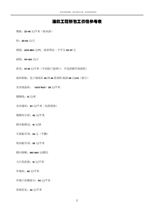 建筑工程价格参考表