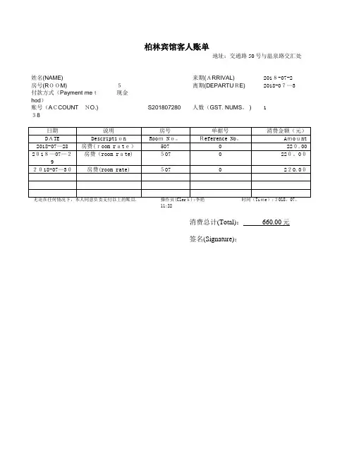 酒店住宿清单模板共5份不同的模板【可编辑范本】