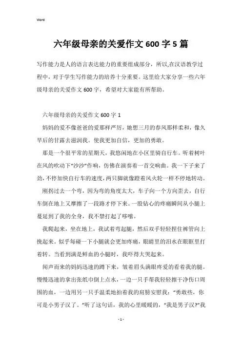 六年级母亲的关爱作文600字5篇