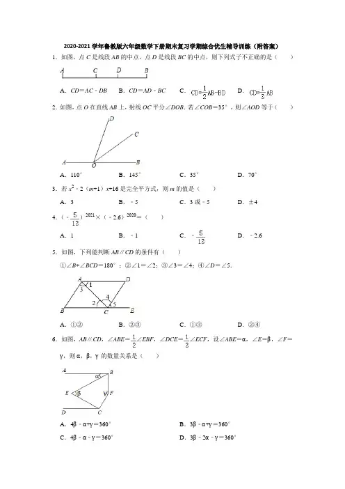 鲁教版(五四制)六年级数学下册期末复习学期综合优生辅导训练