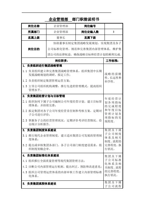 企管部部门职能说明书