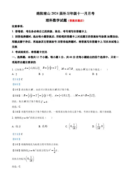 四川省绵阳市2024届高三(补习班)上学期11月月考数学(理)试题含解析