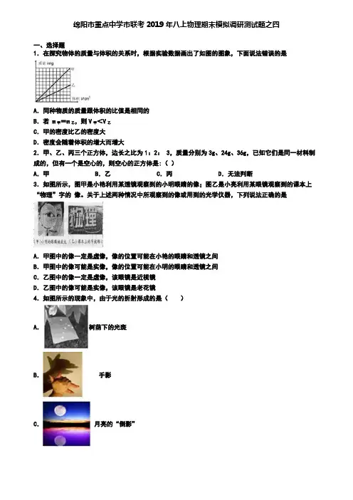 绵阳市重点中学市联考2019年八上物理期末模拟调研测试题之四