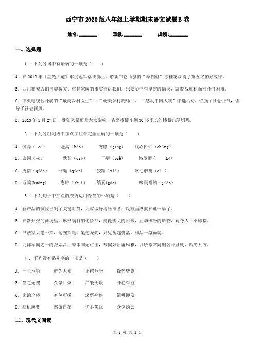 西宁市2020版八年级上学期期末语文试题B卷(模拟)