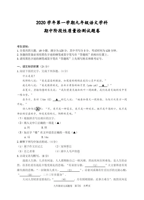 浙江省丽水市缙云县2020-2021学年九年级上学期期中阶段性质量检测语文试题
