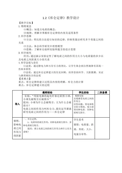 高中物理_2 库仑定律教学设计学情分析教材分析课后反思