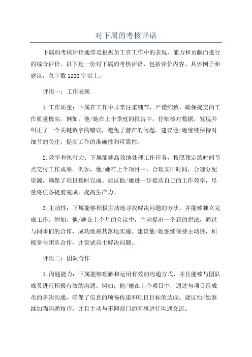 对下属的考核评语