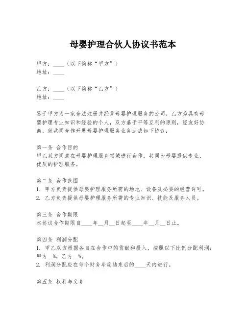母婴护理合伙人协议书范本