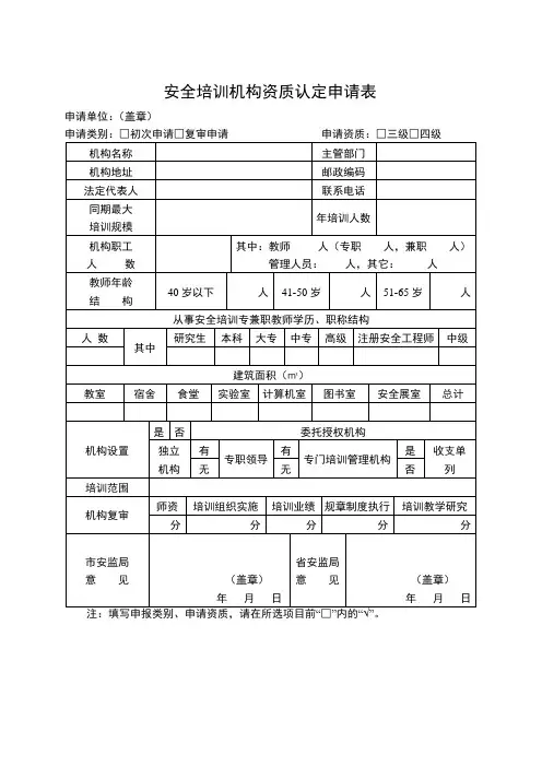 安全培训机构资质认定申请表