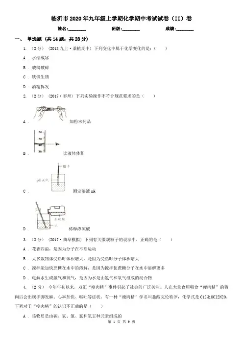 临沂市2020年九年级上学期化学期中考试试卷(II)卷