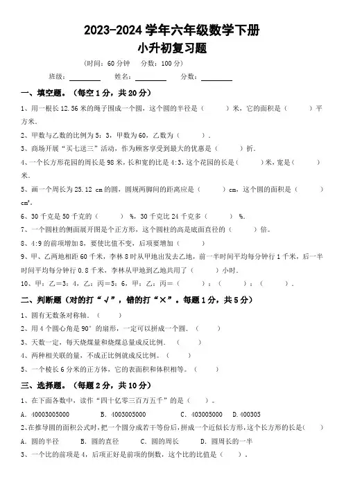 冀教版六年级数学下册小升初测试卷(试题)(含答案和解析)