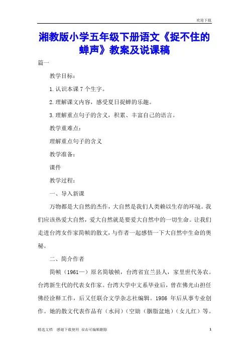 湘教版小学五年级下册语文《捉不住的蝉声》教案及说课稿