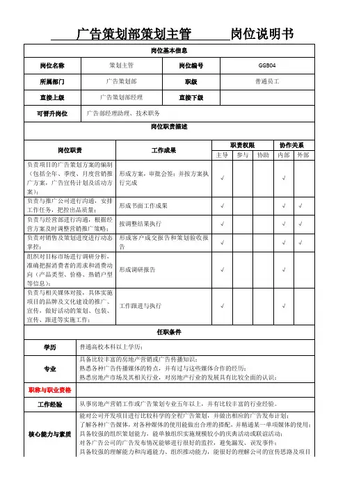 广告部策划主管岗位说明书