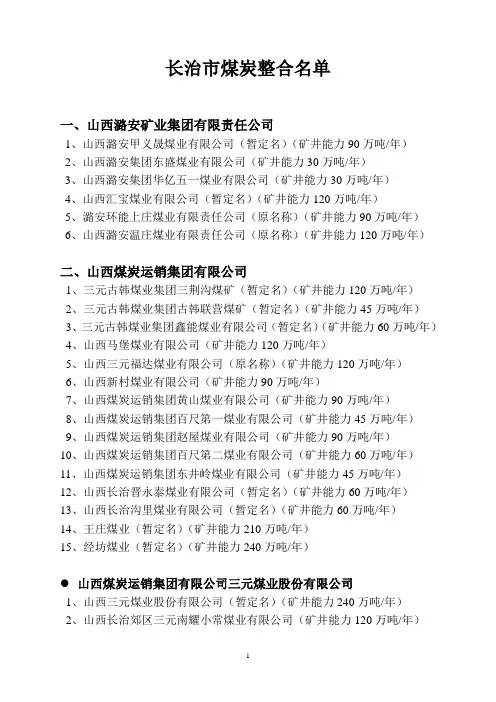 长治市煤炭整合名单