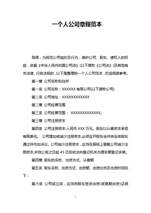 一个人公司章程范本