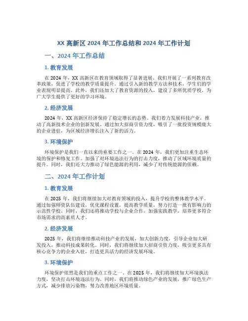 XX高新区2024年工作总结和2024年工作计划