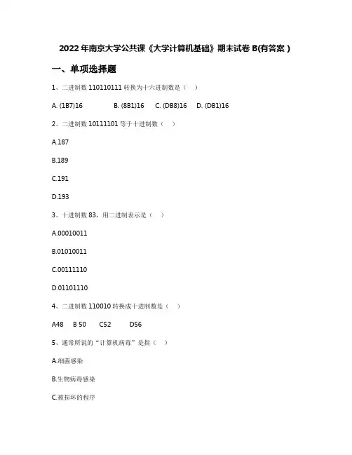 2022年南京大学公共课《大学计算机基础》期末试卷B(有答案)