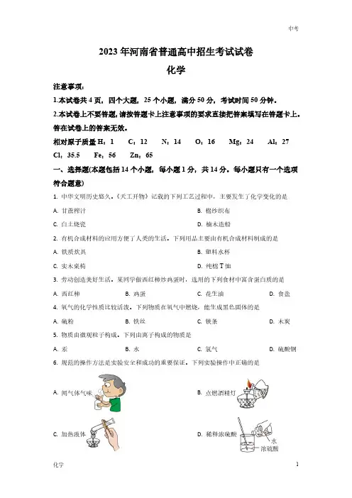 2023河南省中考化学真题试卷及答案