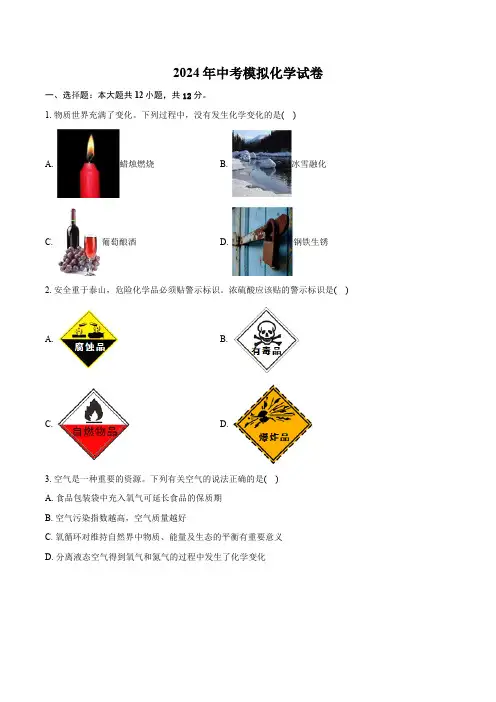 2024年安徽省中考模拟化学试卷(含解析)