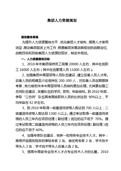 集团有限公司三年人力资源规划(WORD8页)【范例推荐】