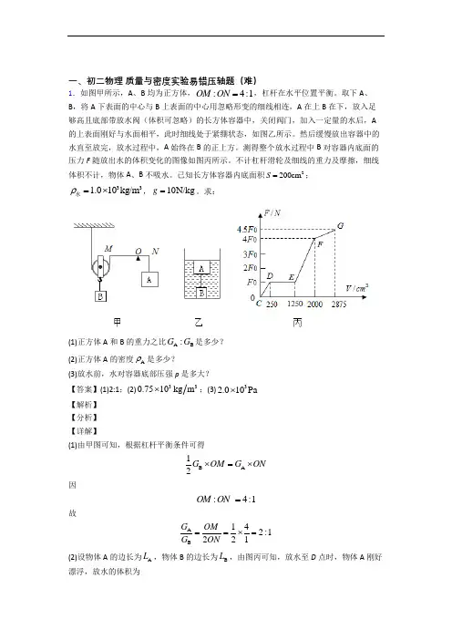 山东大学附属中学物理质量与密度实验达标检测(Word版 含解析)